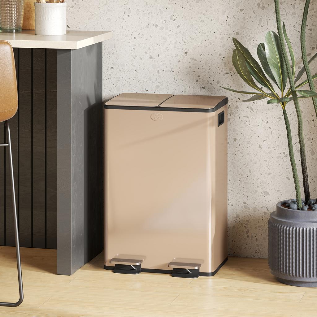 Kitchen Bin, 2-Compartment, 2 x 28 L, Stainless Steel, Soft-Close, 45.8 x 36 x 67.6 cm, Gold