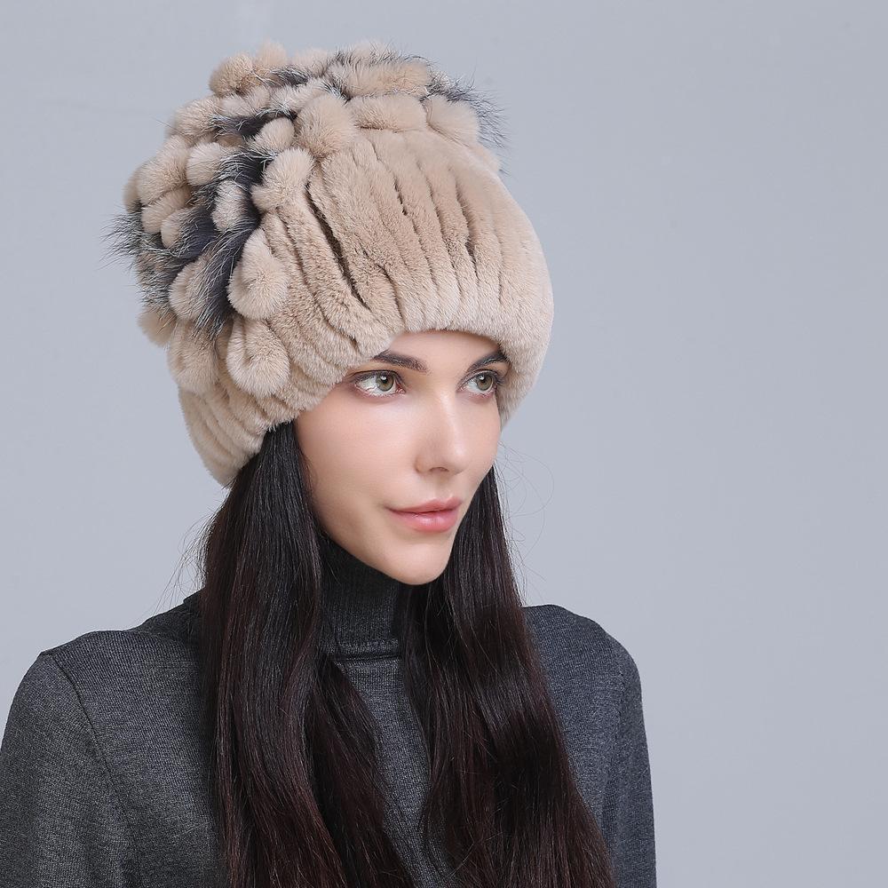 Winter Women's Warm Fashion Thick Wool Hat Rex Rabbit Fur Hat Knitted with Side Flower Hat