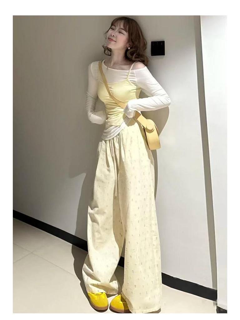 Dopamine Yellow Polka Dot High-Waisted Wide-Leg Pants for Women, Petite, Spring/Autumn 2025, Lightweight, Floor-Length