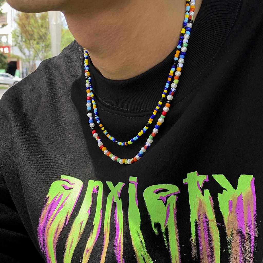 Trendy New Men's Personality Rice Bead Colorful Necklace Bohemian Style Necklace Set