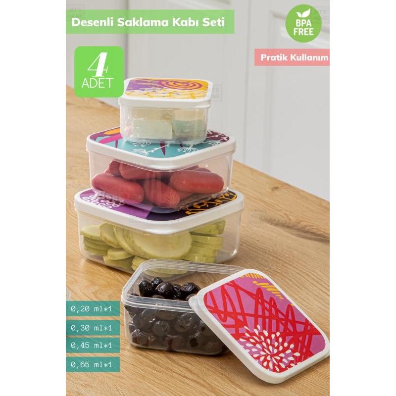 4’lü Desenli Saklabı Kabı Seti Erzak Kabı Buzdolabı Kabı Kare Bpa Free