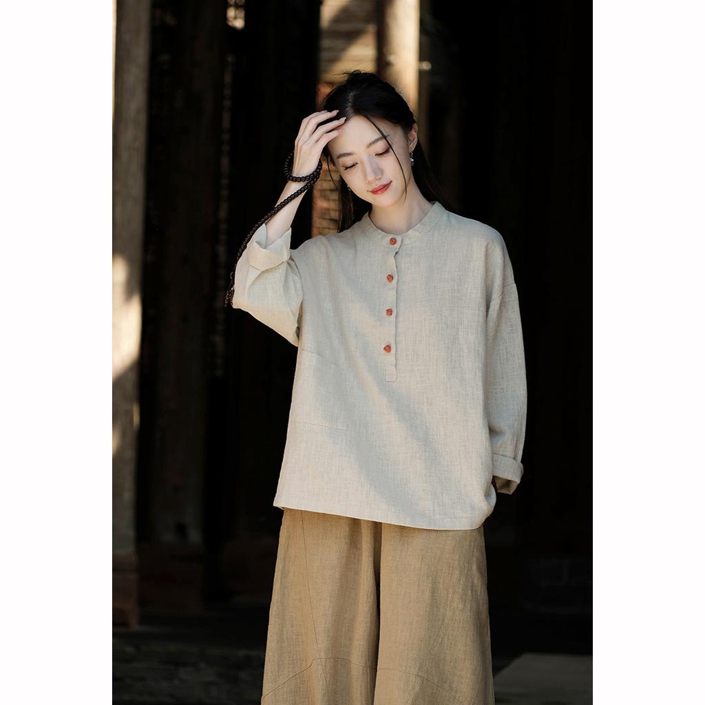 Cotton Linen Women's Chinese Style Stand Up Collar Button Long Sleeved Women's Shirt T-shirt