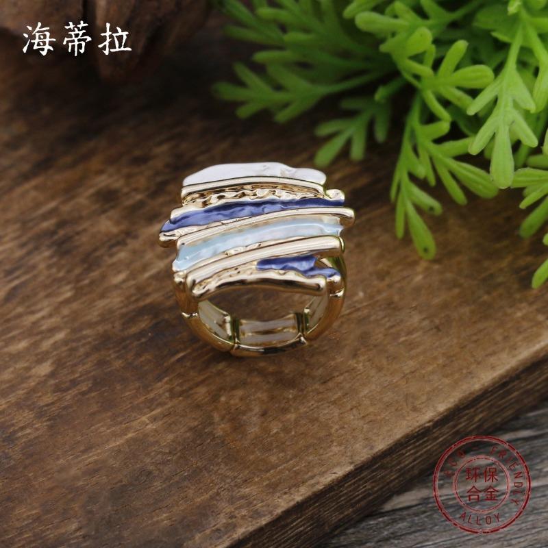 Hot-selling enamel color square geometric line elastic ring, versatile creative irregular line ring for men and women