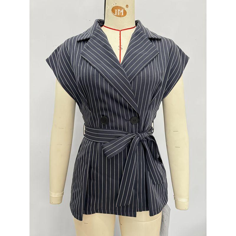 

Western Style Fashion Stripe Suit Collar Strap Sleeveless Shirts Top Striped Sleeveless Shirt Tibetan Blue XL