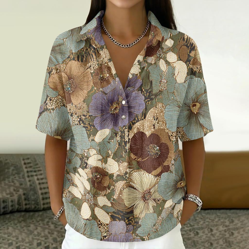 Women Turn Down Collar Button Up Retro Floral Print Imitation Cotton Linen Loose Fit Short Sleeve T Shirt Top for Daily Wear