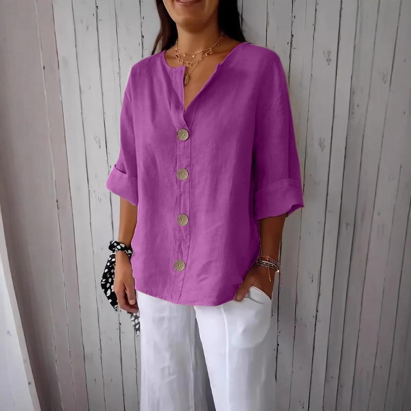 T-shirt da donna estiva nuova, larga, in cotone e lino, con scollo a V, bottoni, casual