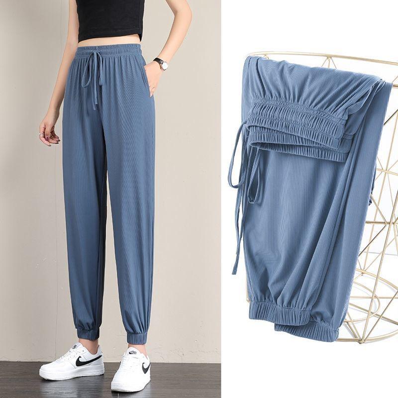 Women's Summer Ice Silk Wide-Leg Lantern Sweatpants: Loose, Cuffed, Plus Size, Slimming Fit