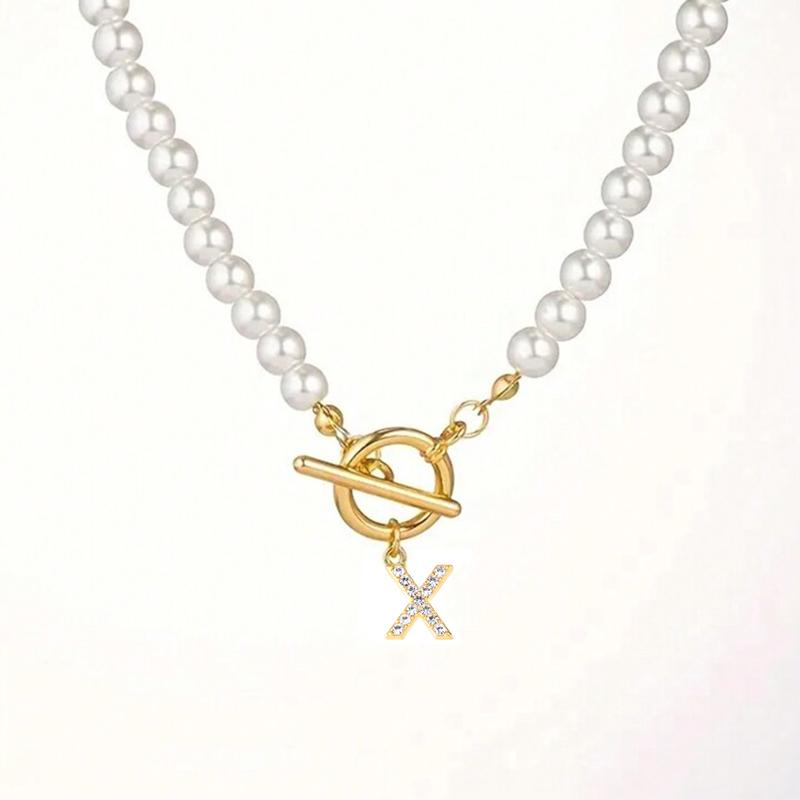 Rhinestone Letter Imitation Pearl Choker Necklace For Women Gold Plated Crystal Initial Pendant Necklace