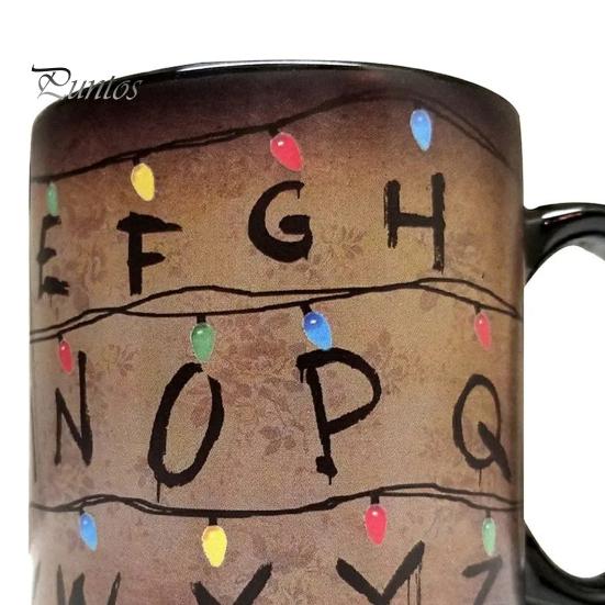 Durable Ceramic Coffee Mug Retro Colorful String Light Alphabet Cup Color Changing 3D Effect Heat Transfer Rustic Sensitive for Hot Cocoa Tea