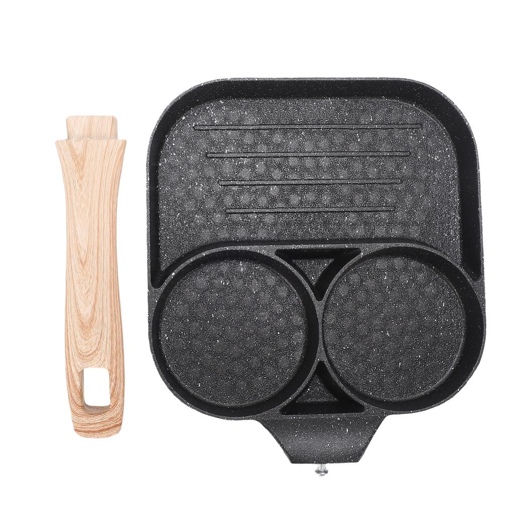 Egg Pan Nonstick Aluminum Alloy Divided Egg Skillet Breakfast Frying Pan with Wood Handle for Gas Stove Induction