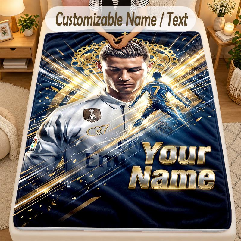 Flannel BlanketCristiano Ronaldo Custom Name Text Personalized Soft Warm Throw Blanket Home Decor Gift