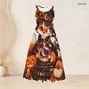 Women Plus Size White Round Neck Sleeveless Halloween Panda Ghost Printed Tie Waist A Line Dress