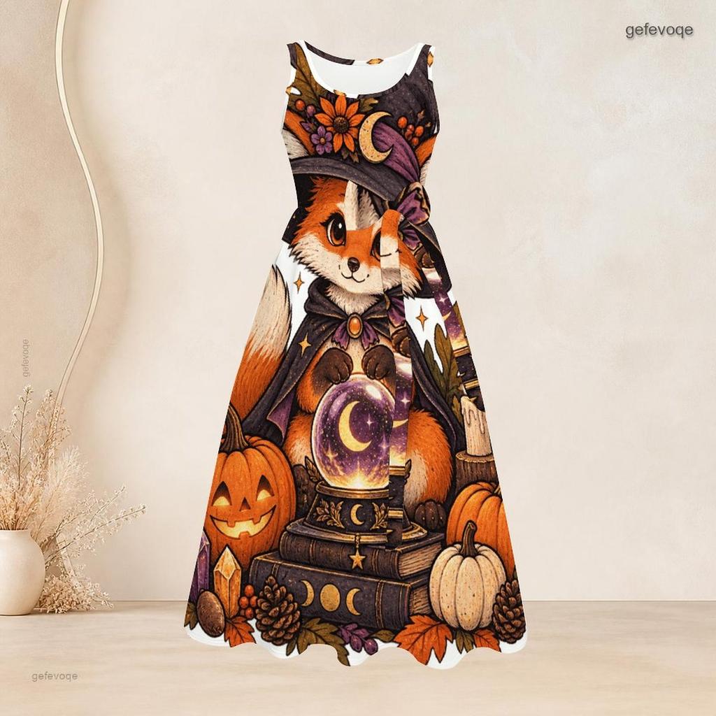 Women Plus Size White Round Neck Sleeveless Halloween Panda Ghost Printed Tie Waist A Line Dress
