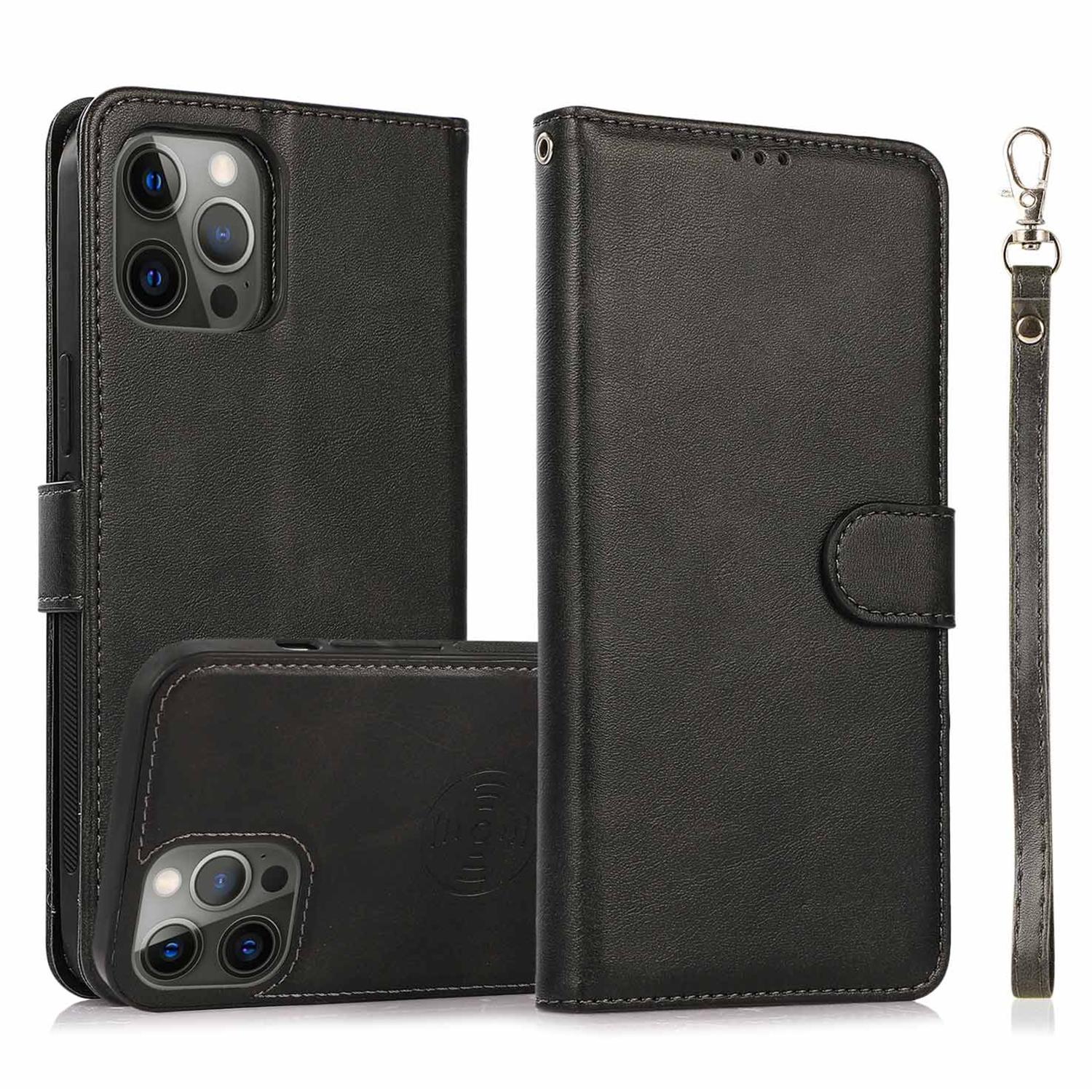 

For iPhone 15 Pro Max Magnetic Absorption Detachable Phone Case PU Leather Stand Wallet Cover Black