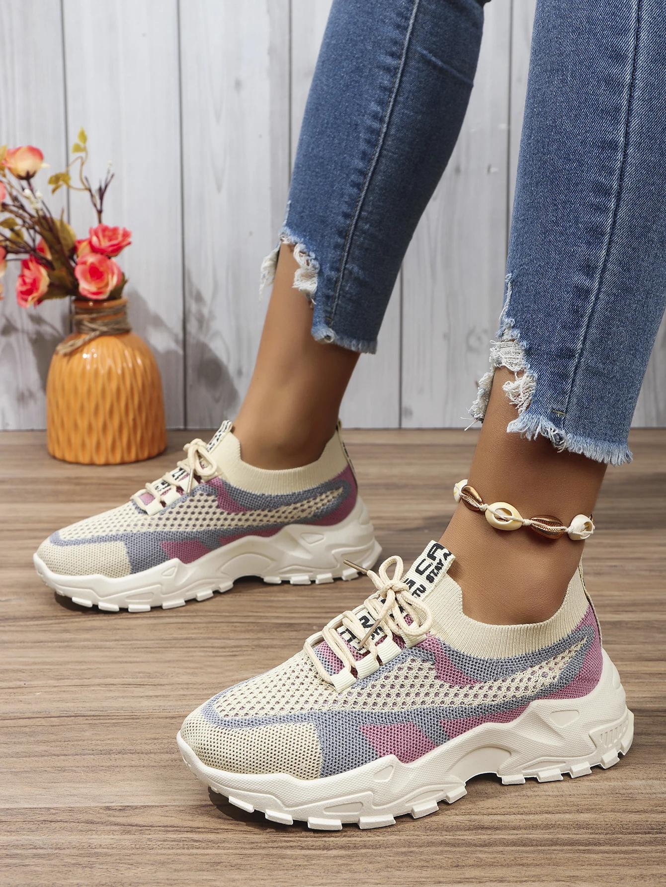 Мода 2024 года женские дышащие летающие тканые кроссовки повседневные туфли на платформе — фото 5