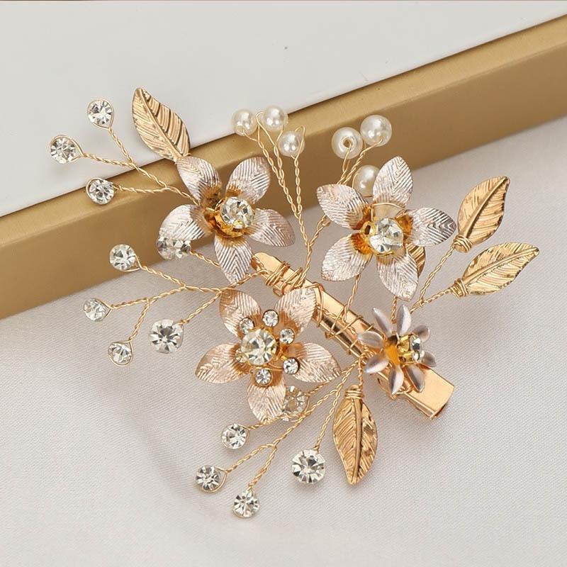 Gold Flowers Bridal Bride Wedding Hair Jewelry Accessories Retro Handmade Simulation Pearl Hairclip