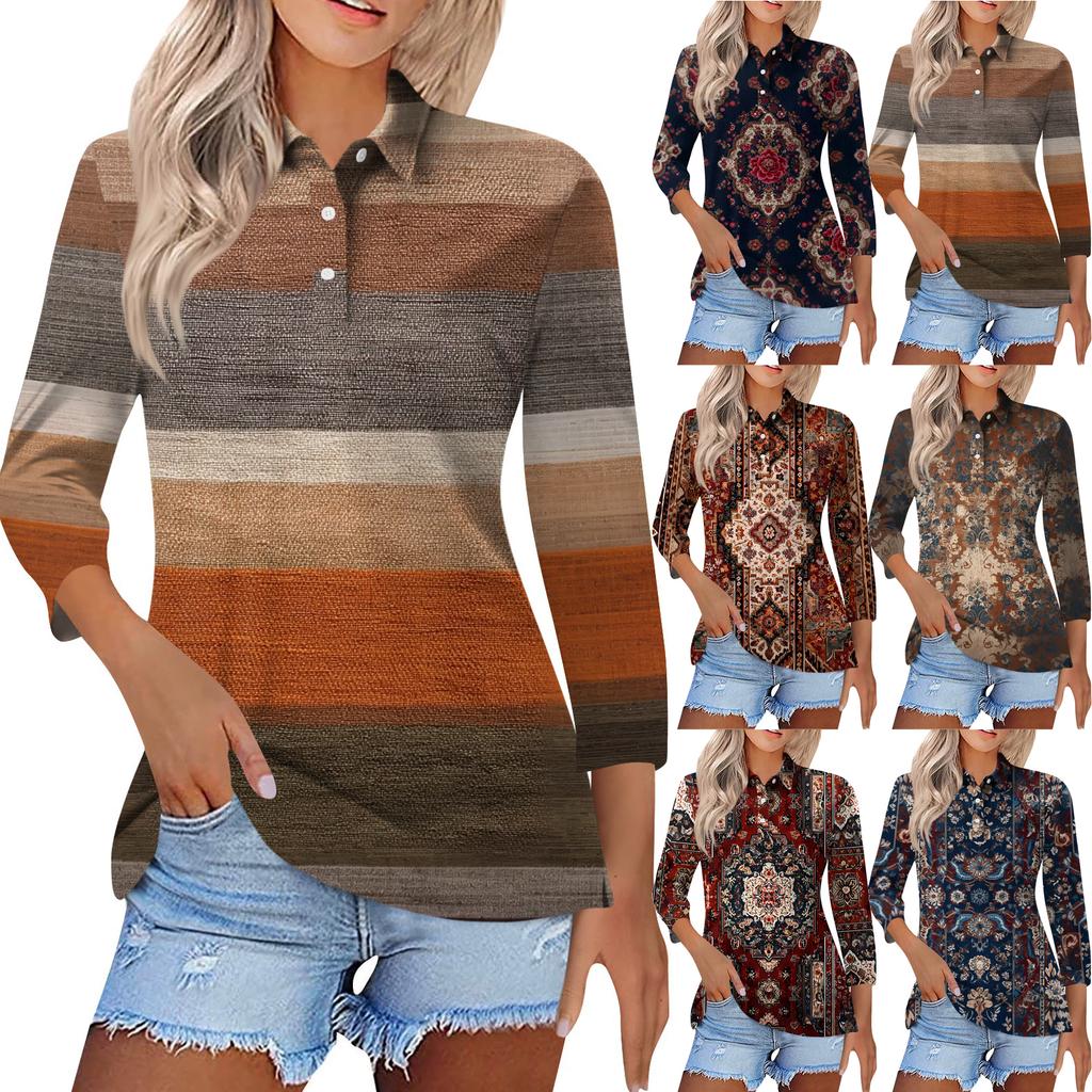 Women's Fashion Casual Lapel Short 3/4 Sleeve Print Shirt Women's Button Up Tops