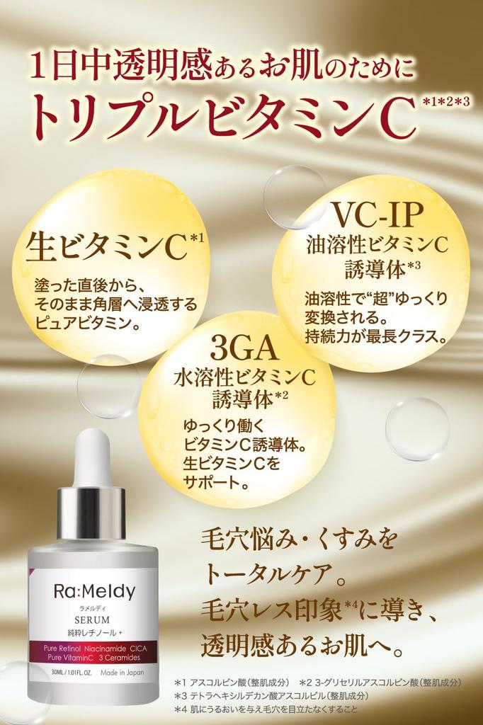 RaMeldy Anti-Aging Serum, 30mL, Made in Japan, with Pure Retinol, Raw Vitamin C, Niacinamide CICA, Ceramide, Squalane, Placenta, and Hyaluronic Acid