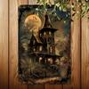 Spooky Halloween Witch Hat & Haunted Castle Vintage Metal Tin Sign - Gothic Wall Decor with Full Moon, Bats, and Eerie Design fo