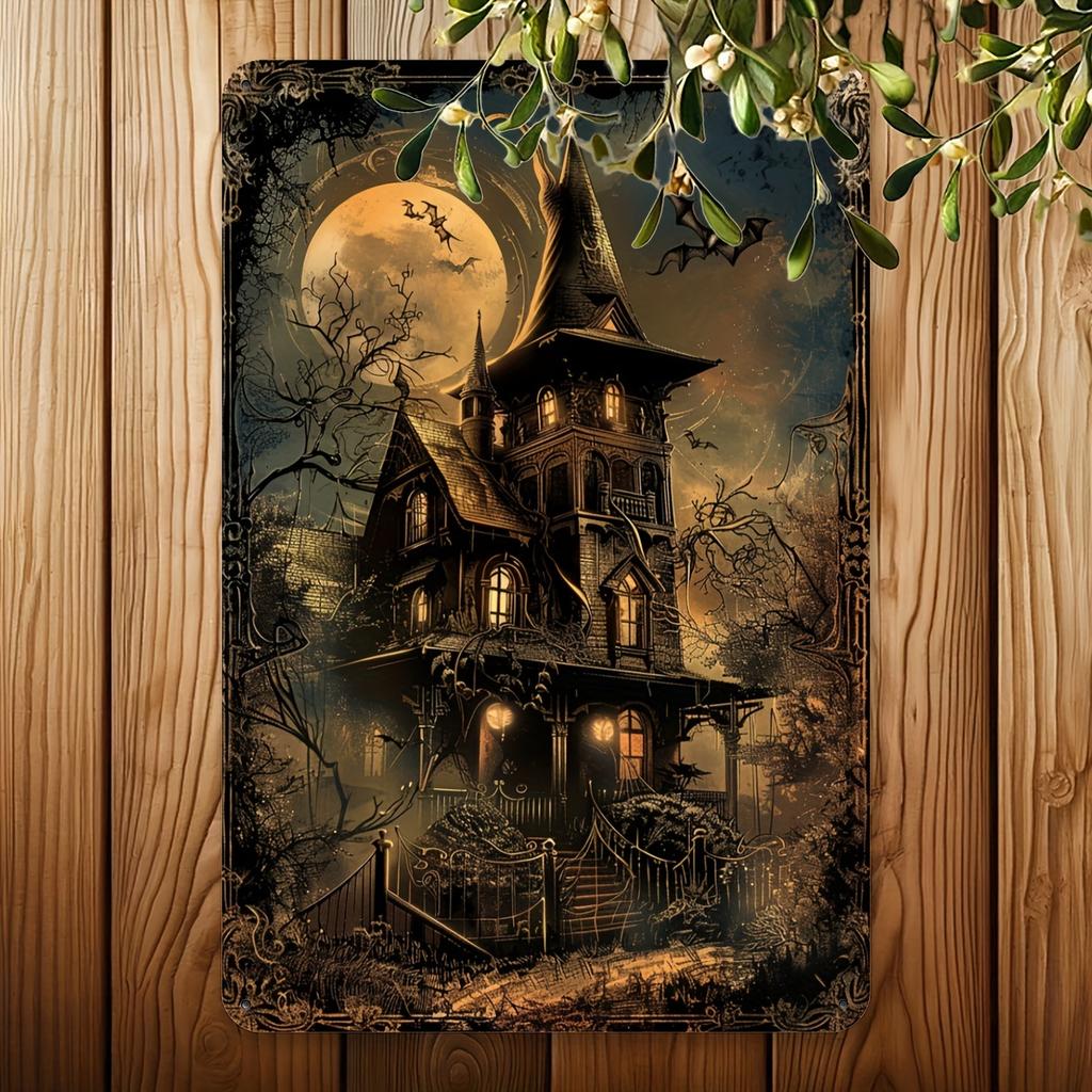 Spooky Halloween Witch Hat & Haunted Castle Vintage Metal Tin Sign - Gothic Wall Decor with Full Moon, Bats, and Eerie Design fo