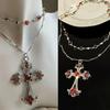 Double-layer Silver Gothic Cross Necklace for Women Gothic Jewelry Statement Necklace Red Gem Cross Pendant Choker Gifts