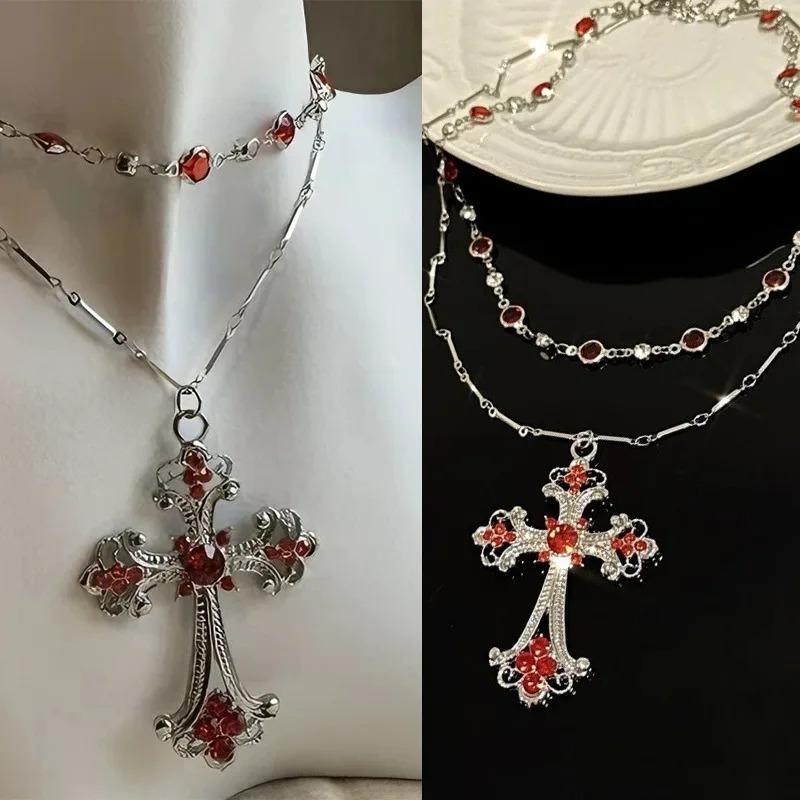 Double-layer Silver Gothic Cross Necklace for Women Gothic Jewelry Statement Necklace Red Gem Cross Pendant Choker Gifts