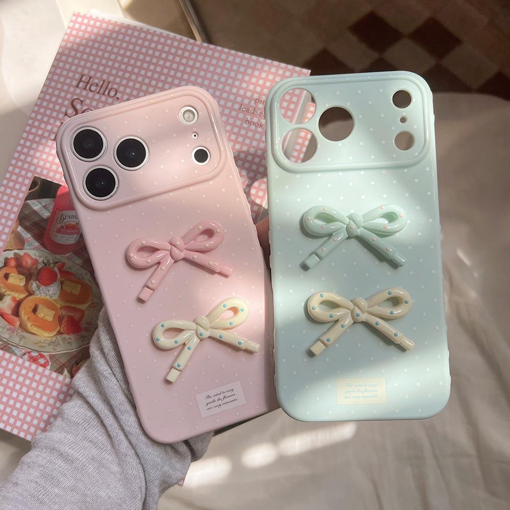 Three-dimensional Polka Dot Bow Mobile Phone Case for iPhone17Pro Apple 16 Anti-drop Heart-shaped TPU Protective Case 13