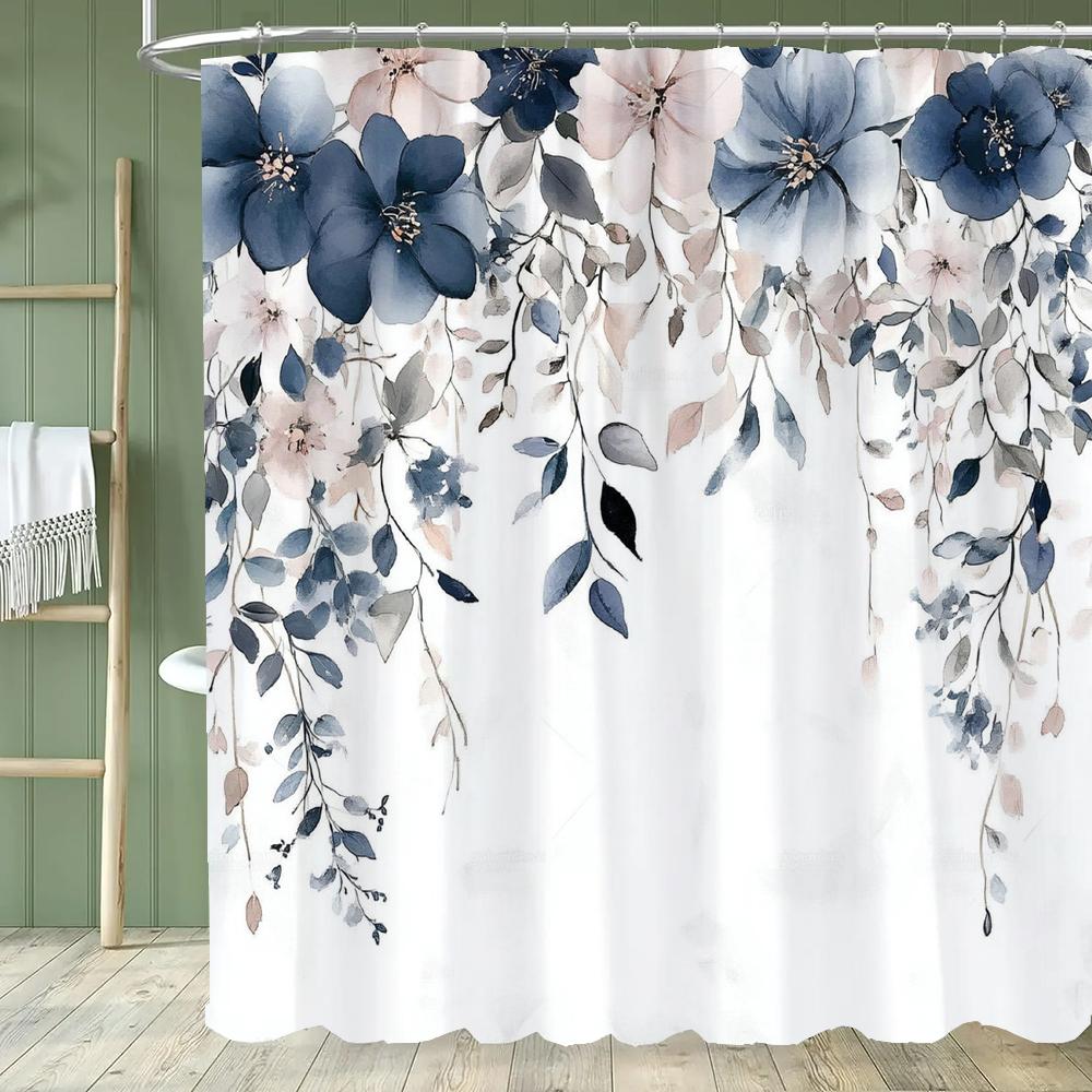Watercolor Bohemian Floral Shower Curtain, Blue Floral, Waterproof Bathroom Curtain, Decorative Fabric Home Curtain With Hooks