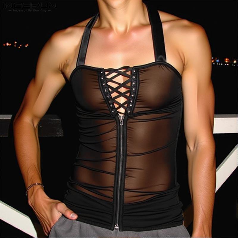 INCERUN Men Halter Neck Sleeveless Mesh Sheer Bandage Club Tank Tops S