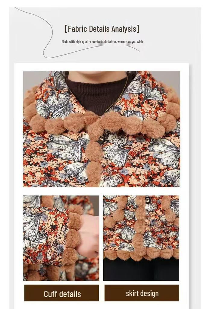 Winter Plus Velvet Floral Cotton Jacket for Middle-aged and Elderly Moms – Thick, Warm, Anti-cold Short Coat