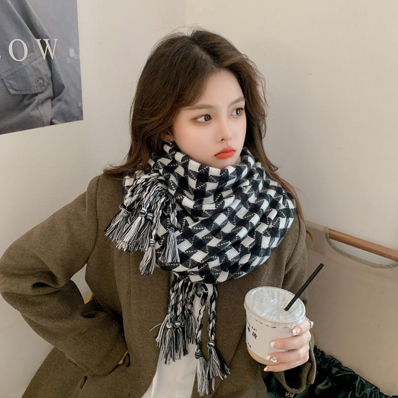 Autumn and Winter Warm Imitation Cashmere Scarf for Women New Houndstooth Braided Tassel Shawl Versatile Student Couple Scarf