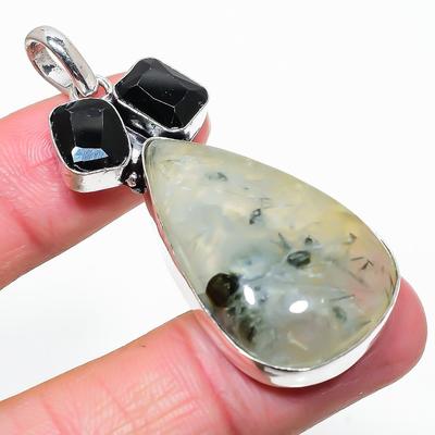 Natural Prehnite, Spinel Gemstone 925 Sterling Silver Gift Pendant 2.36" l6G94