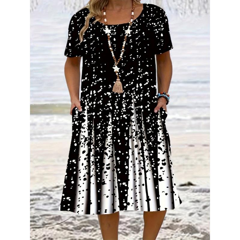 

Елегантна максі-сукня великого розміру з кишенями: Круглий виріз, коротким рукавом (Весна/літо/осінь) 8XL