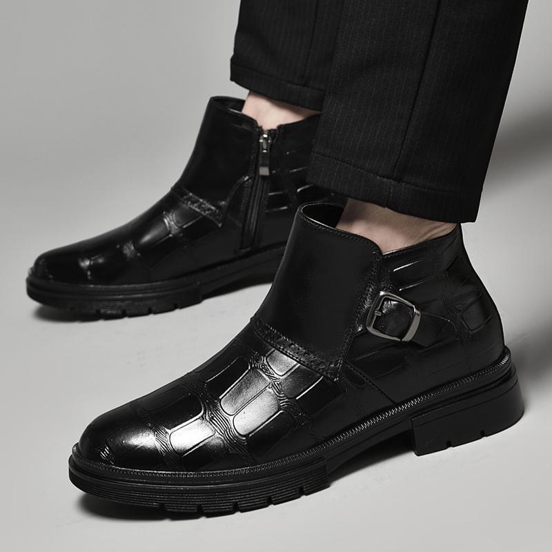 Fashion Causal Business Formal Shoes Men Chelsea Genuine Leather Ankle Boots Fashion Crocodile Leather Round Toe Antiskid Designer Boots