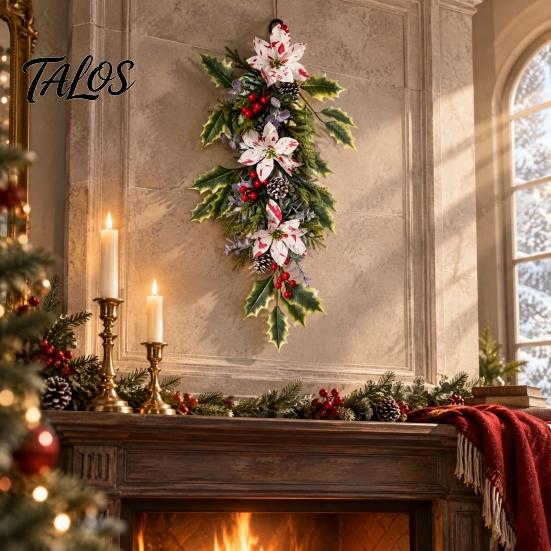 Rustic Christmas Wall Decor Teardrop Swag, Artificial Holly Leaves Swag Wreath with Pinecones Fireplace Mantle Berries for Front Door, Cabinet, Wall,