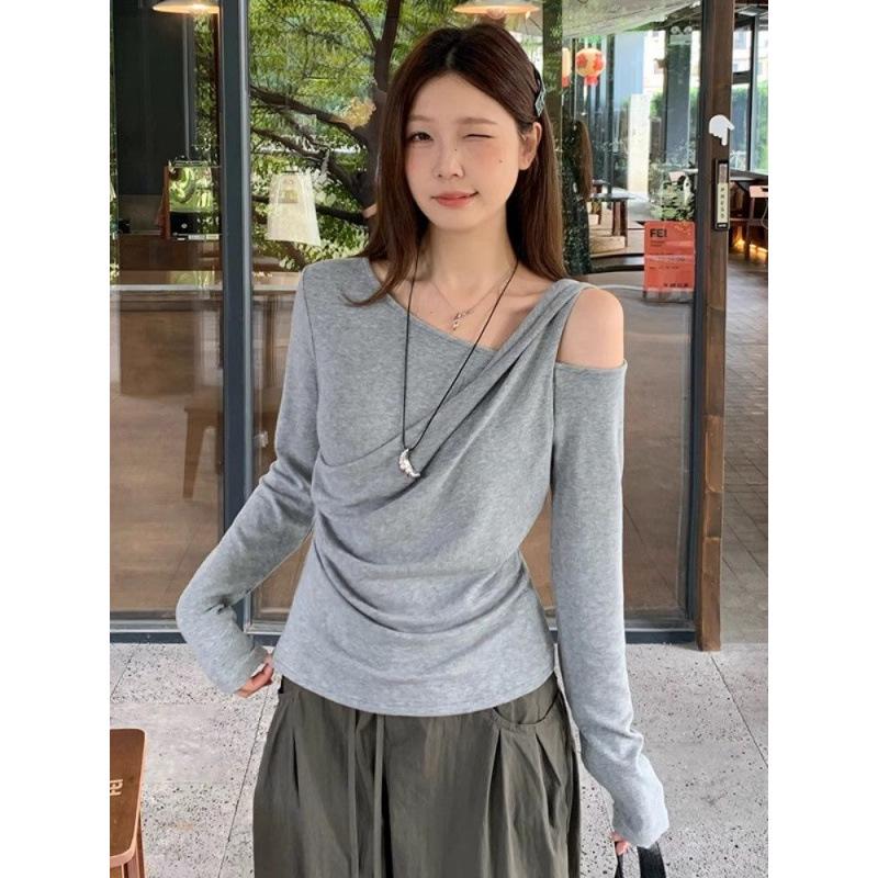 Gray Off-the-Shoulder Ruched Slim-Fit Long-Sleeve T-shirt for Women - Early Autumn Design