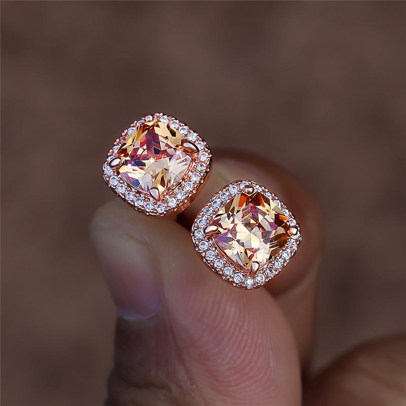 1 pereche de cercei tip prințesă de lux tăiat prințesă de culoare aur roz șampanie piatră cercei cu șuruburi cercei cu patru gheare bijuterii