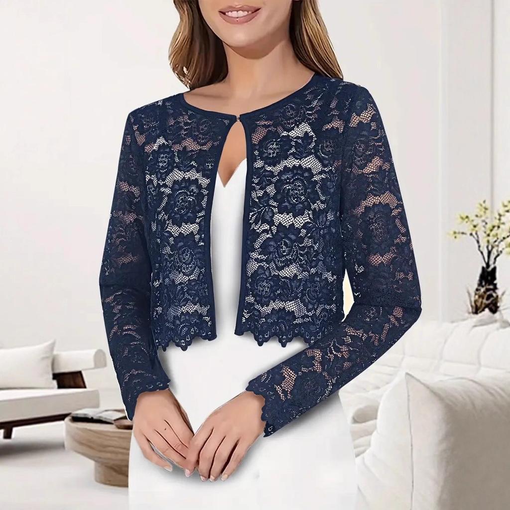 Vår og Høst Ny Rundhals Langermet Mote Damers Blonder Kort Design Strikket Cardigan