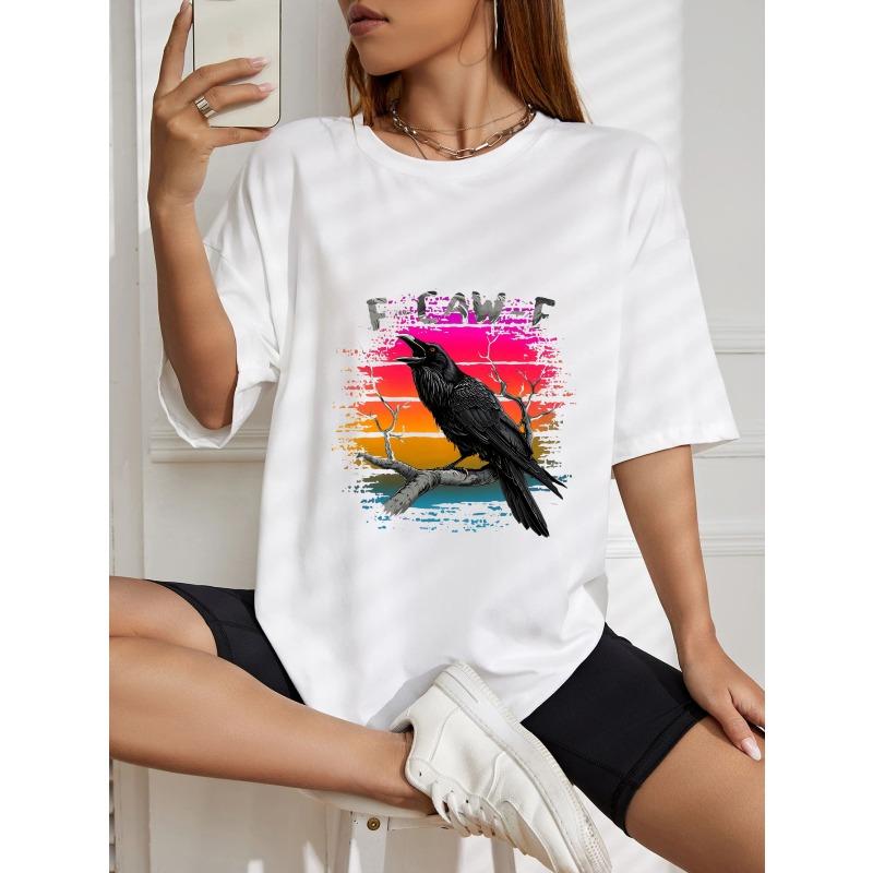 Rundhals T-Shirt Weiß Rabe Sonnenuntergang Grafikdruck mit Text Leave Für Freizeitkleidung und Streetstyle