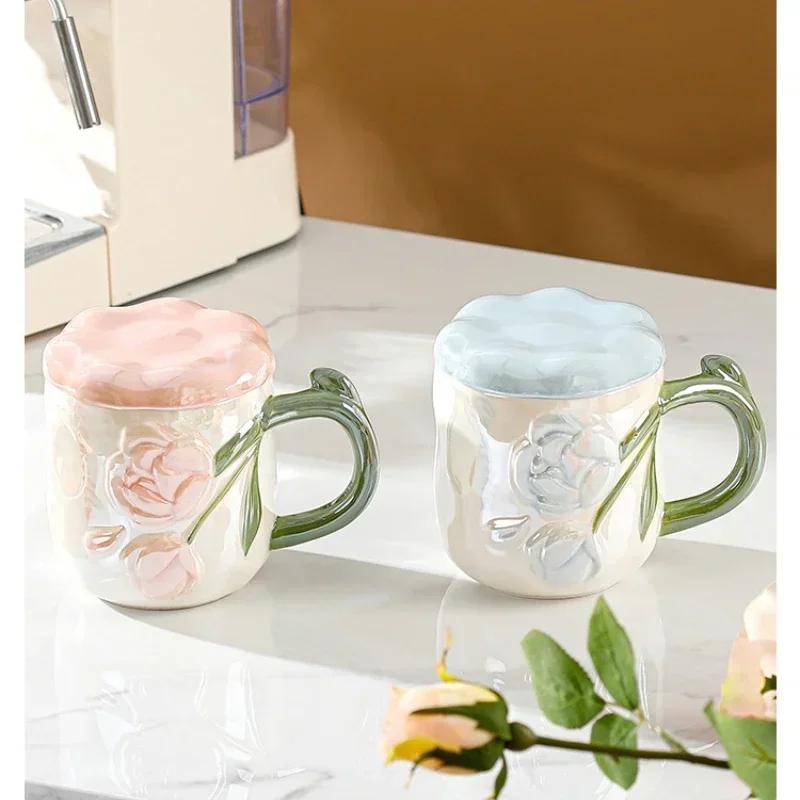 Ceramic Mug Relief Rose Flower Coffee Milk Cup Tea Cup Ins Style Hand-painted Design Couple Girl Romantic Drinkware Mug Gift