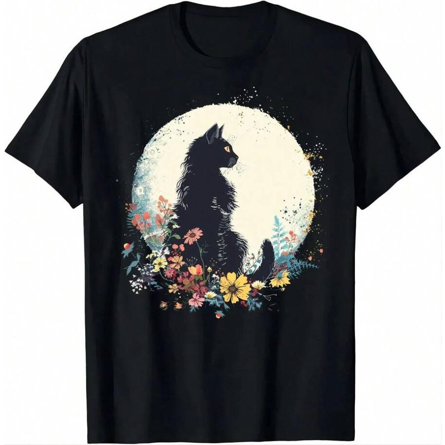

Mystic Cat and Bloom Tee - Nature s Serenity Tshirt Graphic T Shirts Women Clothing Tops Vintage Clothes Ropa De Mujer Haraju... S разноцветный