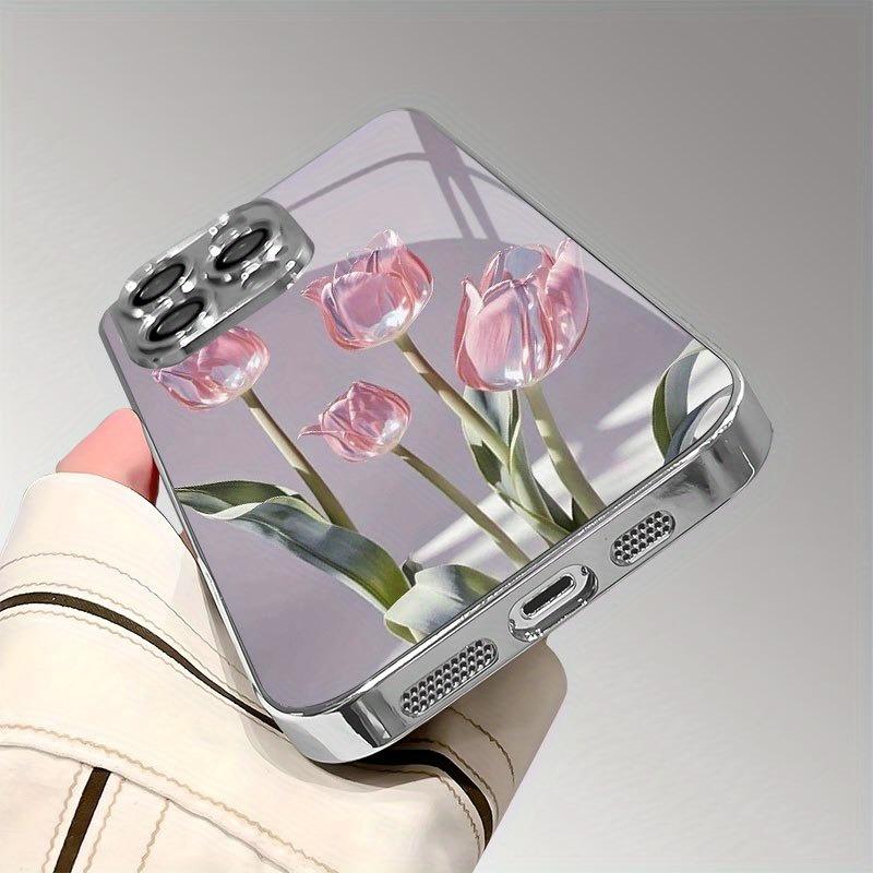Pink Glass Tulip Pattern Tempered Glass Electroplated Silver Phone Case For Samsung Galaxy S25 S24 S23 Ultra Plus FE Cover