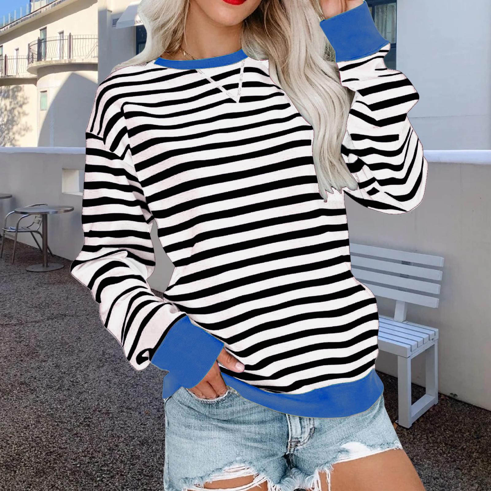 

Женская мода с длинным рукавом и круглым вырезом, повседневная толстовка в полоску, разноцветный пуловер, футболка, топ XXL