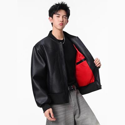 Jaqueta de Couro Gola Baseball Masculina Outono Forrada Curta Jaqueta de Motociclista em Couro PU