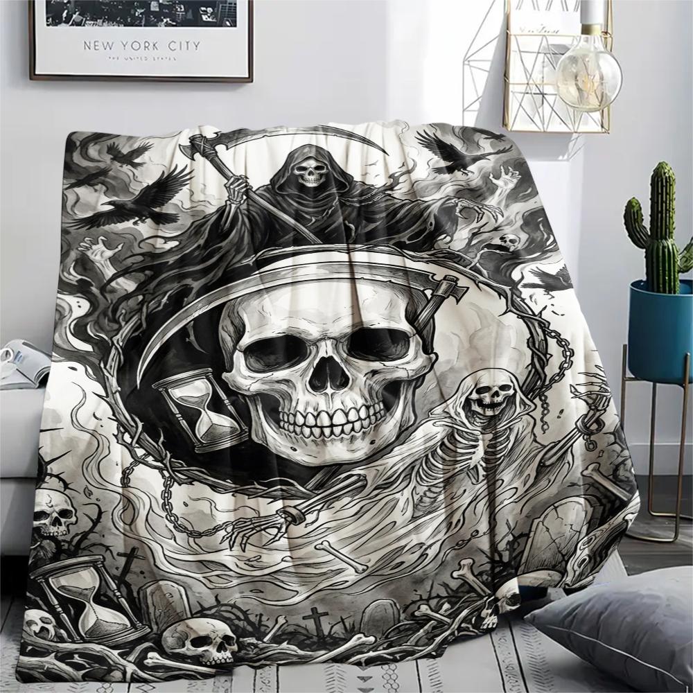 1Pc Death Print Flannel Blanket, High quality Comfortable for All Seasons, Home Decor, Warmth and Comfort, Perfect for Christmas Gifts W155
