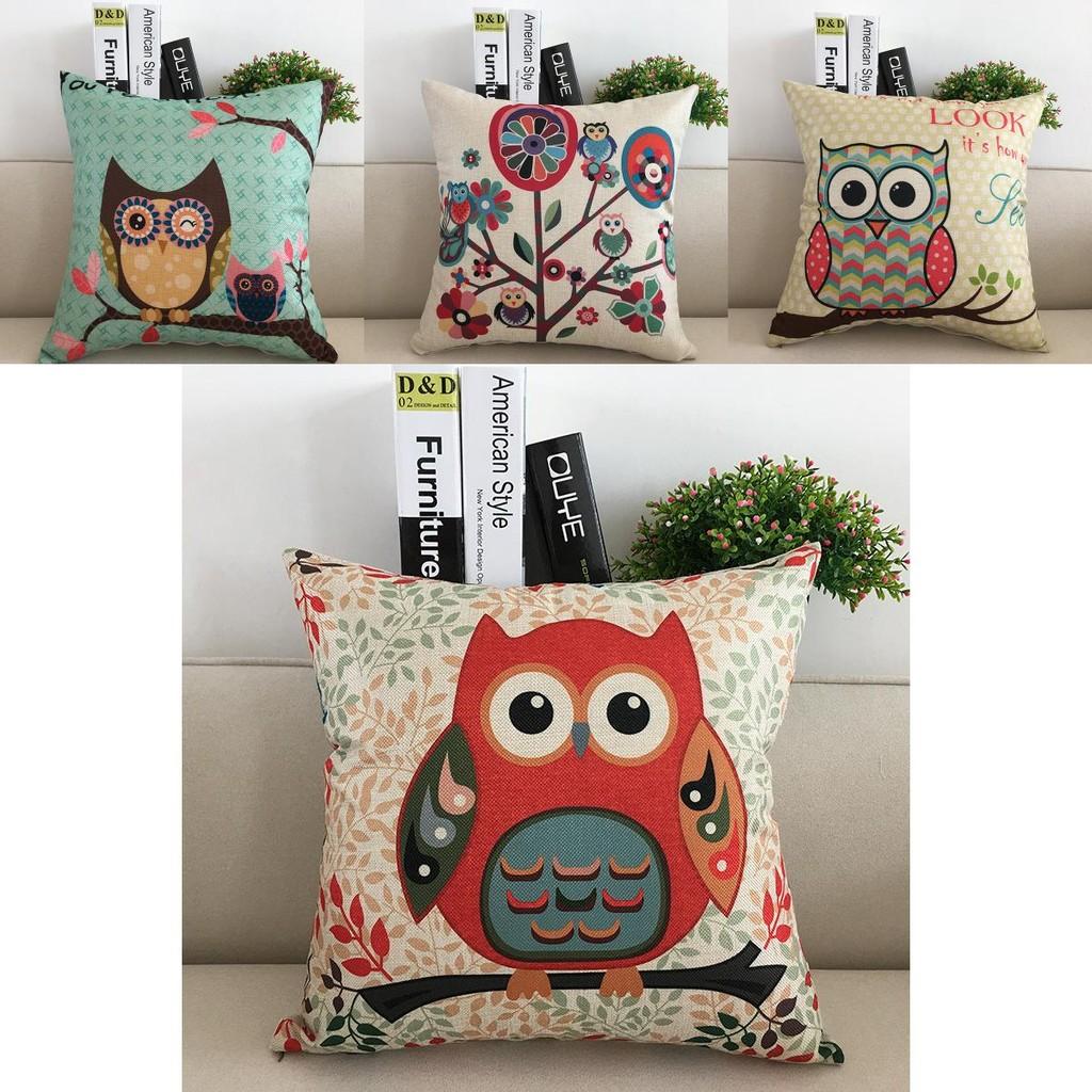 Premium Linen And Cotton Owl Print Square Pillowcases For Sofa And Car Back Cushion
