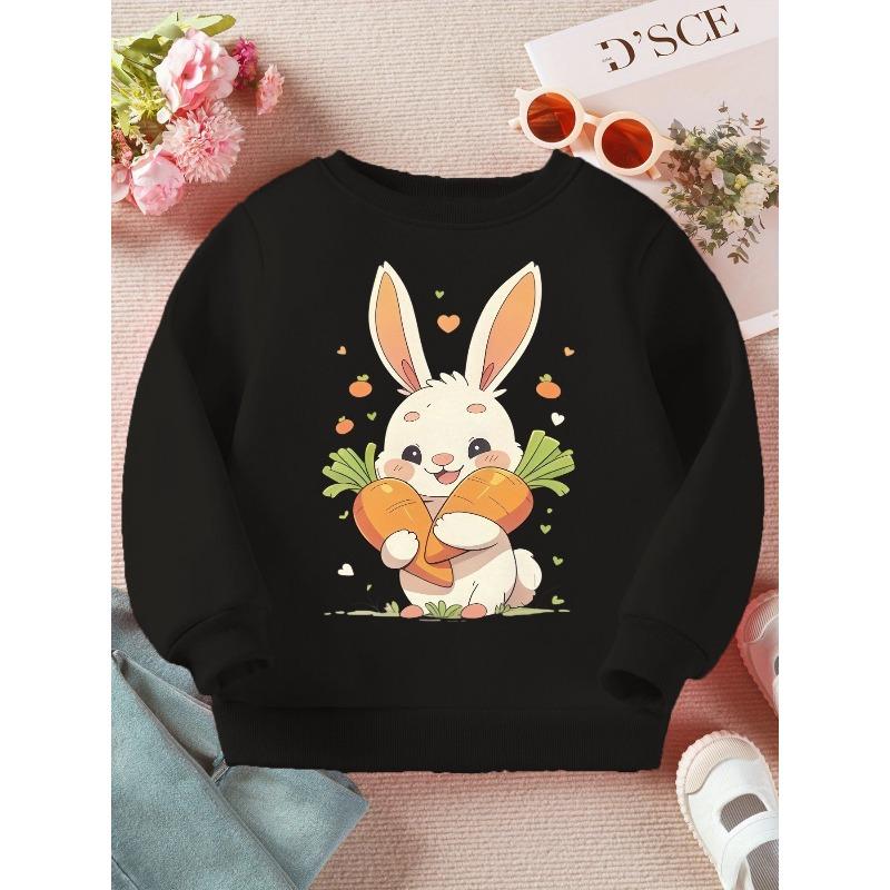 Kids Crewneck Sweatshirt, Cute White Rabbit Carrot Print Long Sleeve Casual Top for Spring Autumn