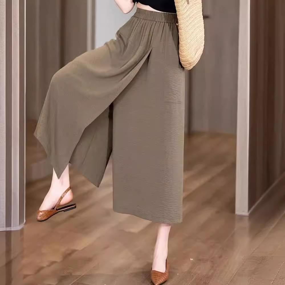 Damskie casualowe spodnie-spódnica z wysokim stanem i szerokimi nogawkami z rozcięciem