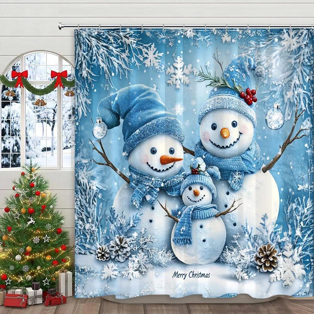 Christmas Snowman Shower Curtain Santa Claus Christmas Gifts Snow Printed Polyester Fabric Home Decor Shower Curtain With Hook