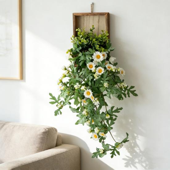 Yousheng Artificial Hanging Plants with Wooden Frame Wall Hanging Faux Leaves Plants with Flowers Fake Greenery Vine for Living Room Bedroom Indoor